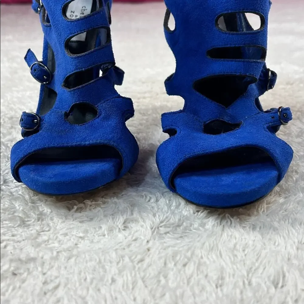 Chelsea and ZOe blue‎ suede peep toe stiletto cage heels, size 8